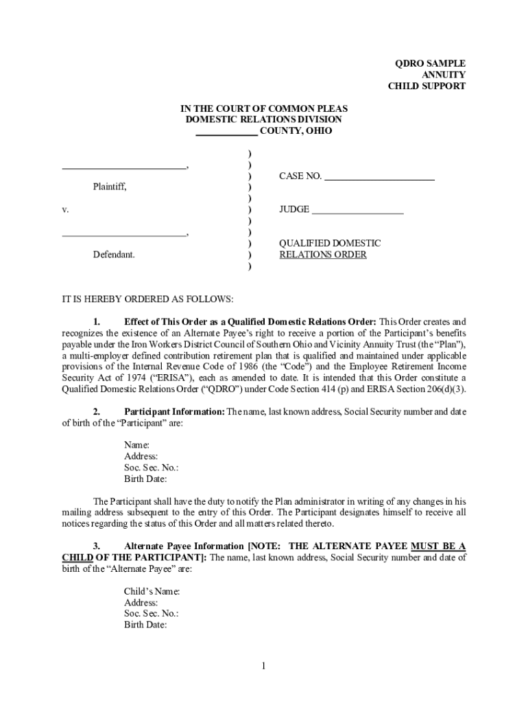 Fillable Online QDRO SAMPLE ANNUITY CHILD SUPPORT IN THE COURT OF