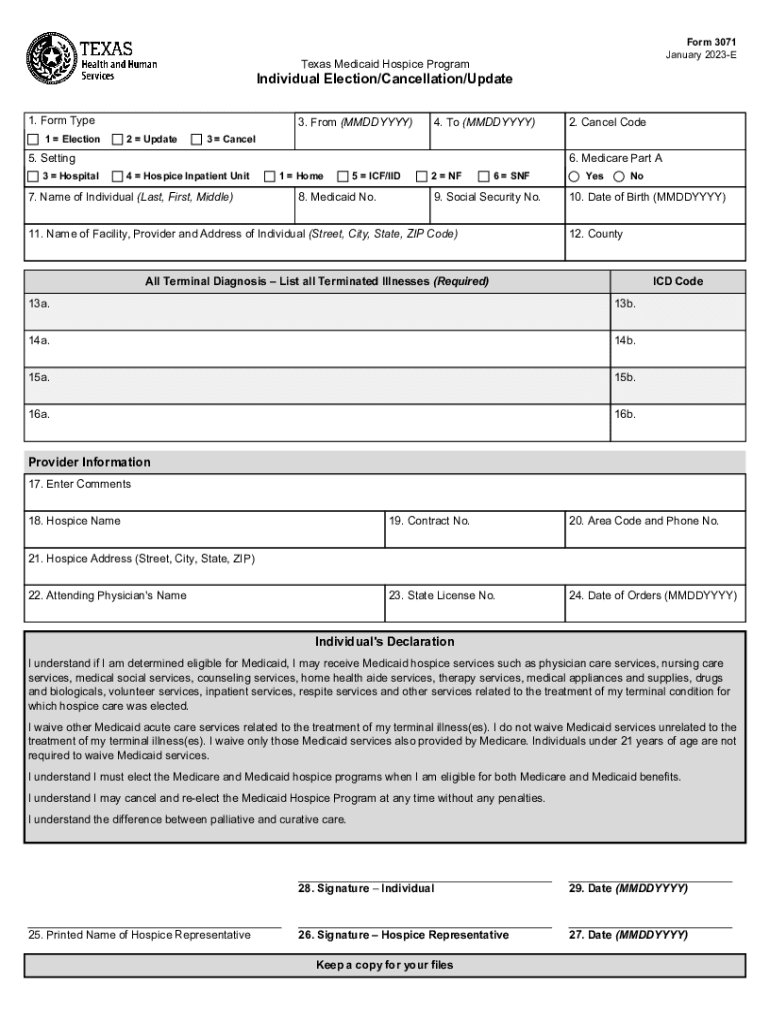 Texas Medicaid Hospice Program Individual Election/Cancellation/Update. Form 3017 Fill out