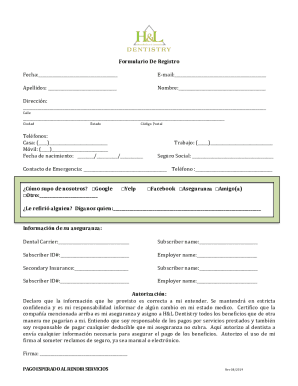 Fillable Online H&L Patient registration form Spanish Fax Email Print