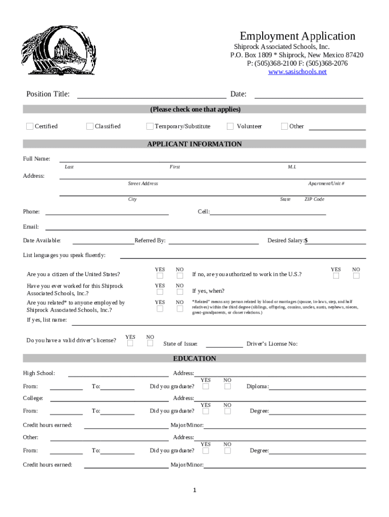 Employment application Shiprock Associated Schools, Inc. Doc Template