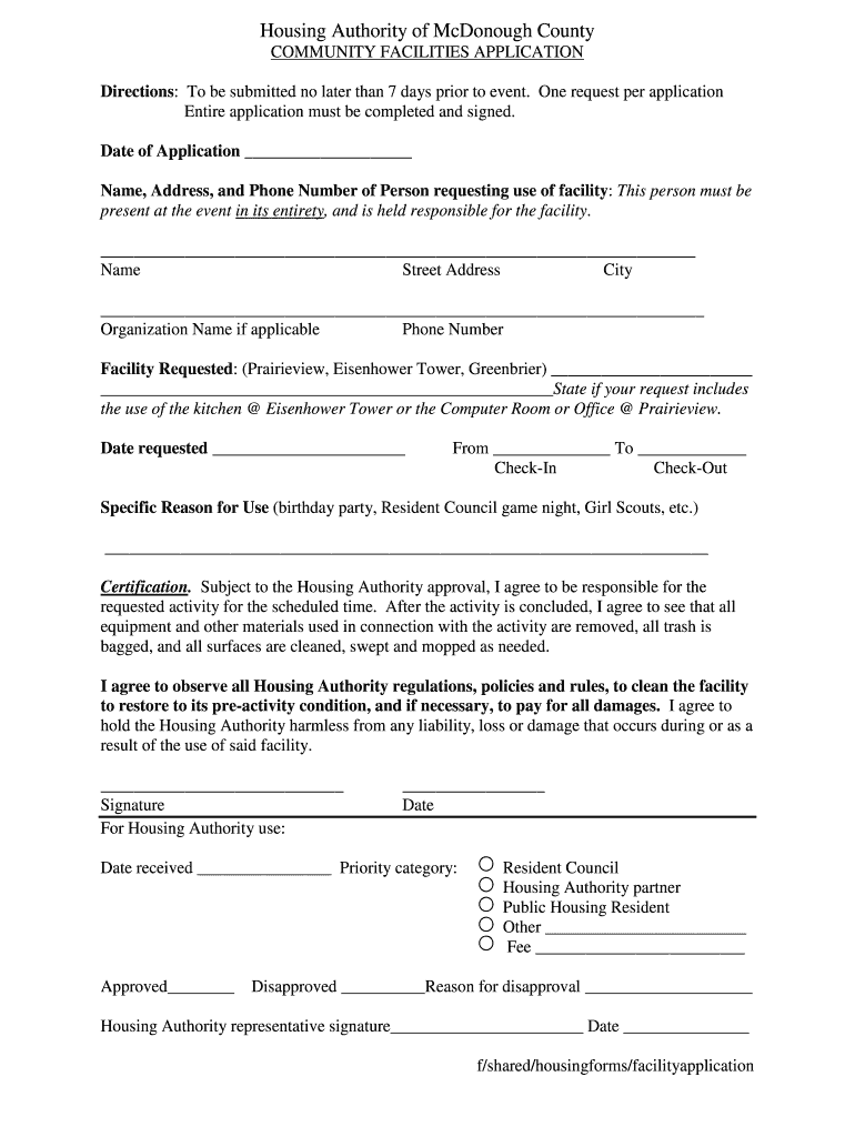 Fillable Online mcdonoughhome Housing Authority of McDonough County COMMUNITY FACILITIES