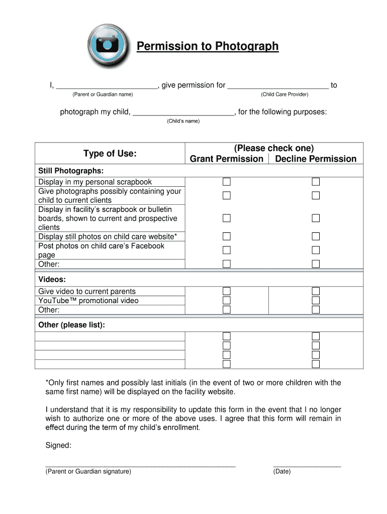 Fillable Online Permission to Photograph Child Care Lounge Fax Email Print pdfFiller