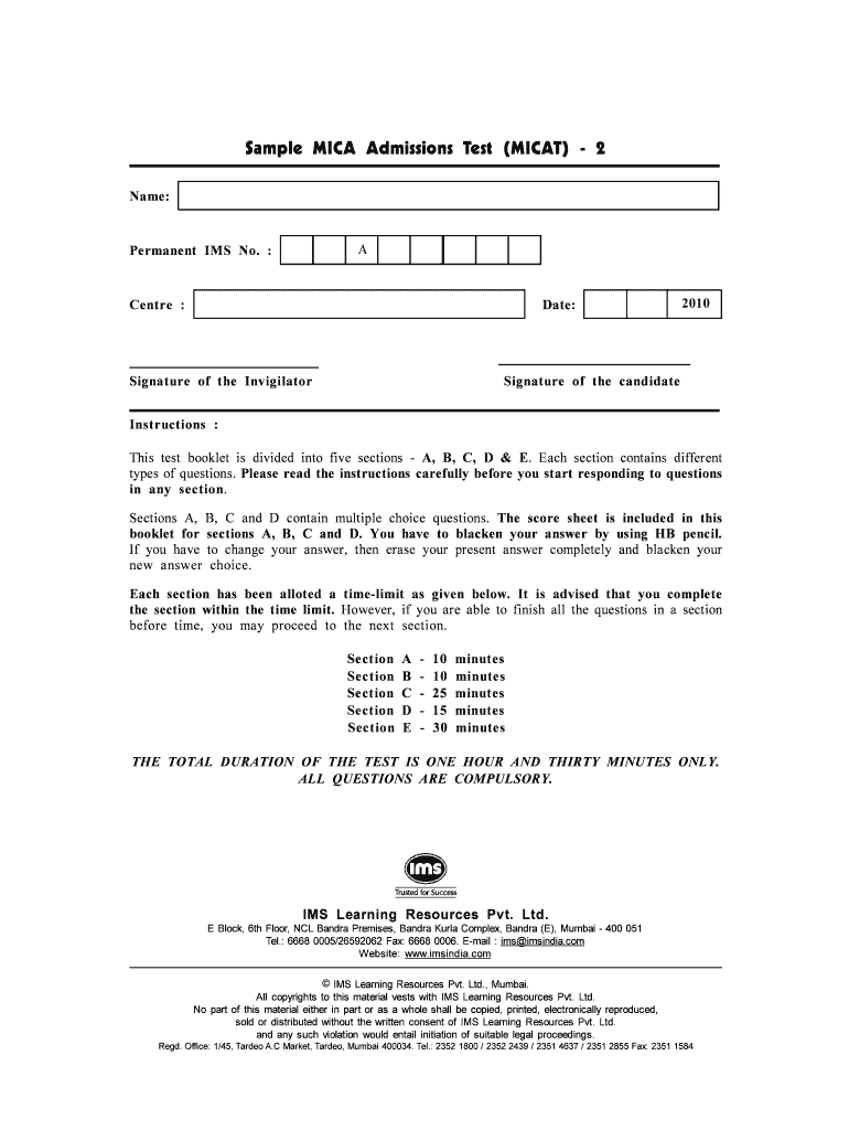 Fillable Online Sample MICA Admissions Test MICAT 2 Fax Email Print