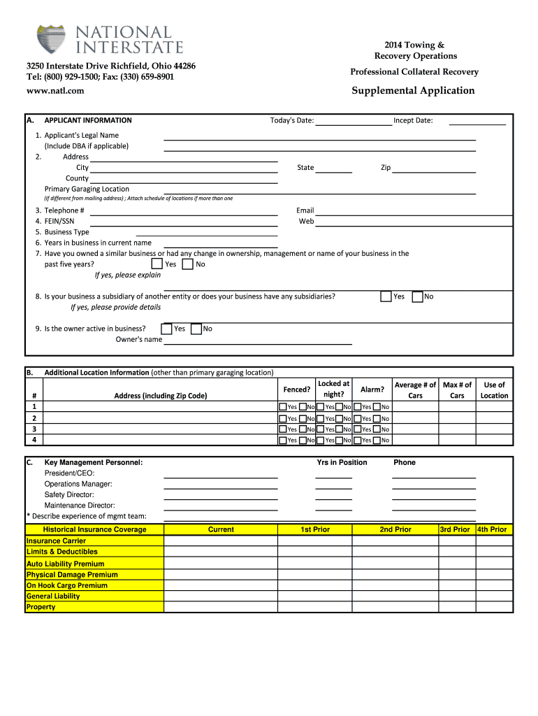 Fillable Online Supplemental Application National Interstate Fax