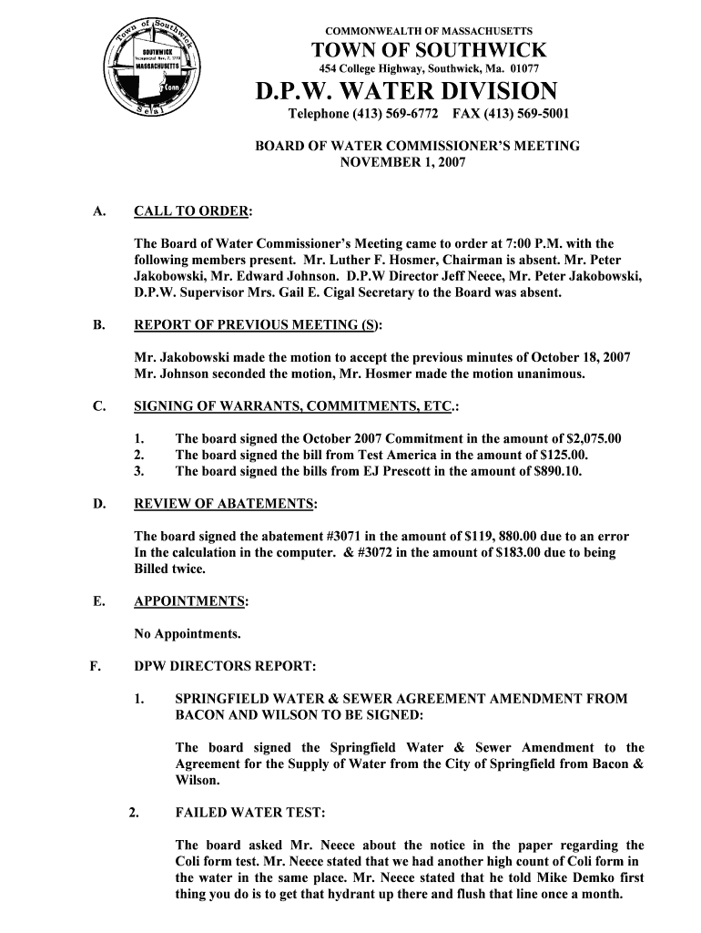 Fillable Online southwickma DPW WATER DIVISION Town of Southwick