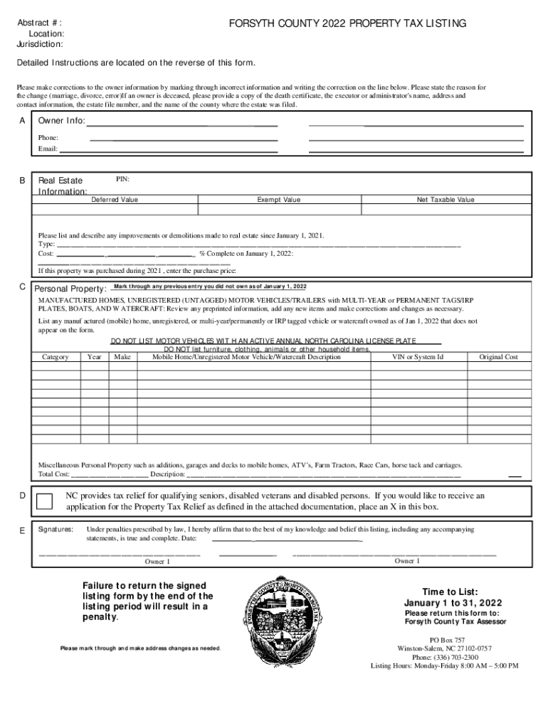 Fillable Online Abstract FORSYTH COUNTY 2022 PROPERTY TAX LISTING