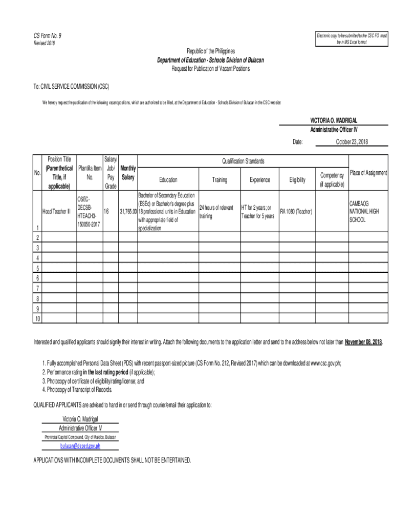 Fillable Online CS Form No. 9 Revised 2018 ro3.csc.gov.ph Fax Email