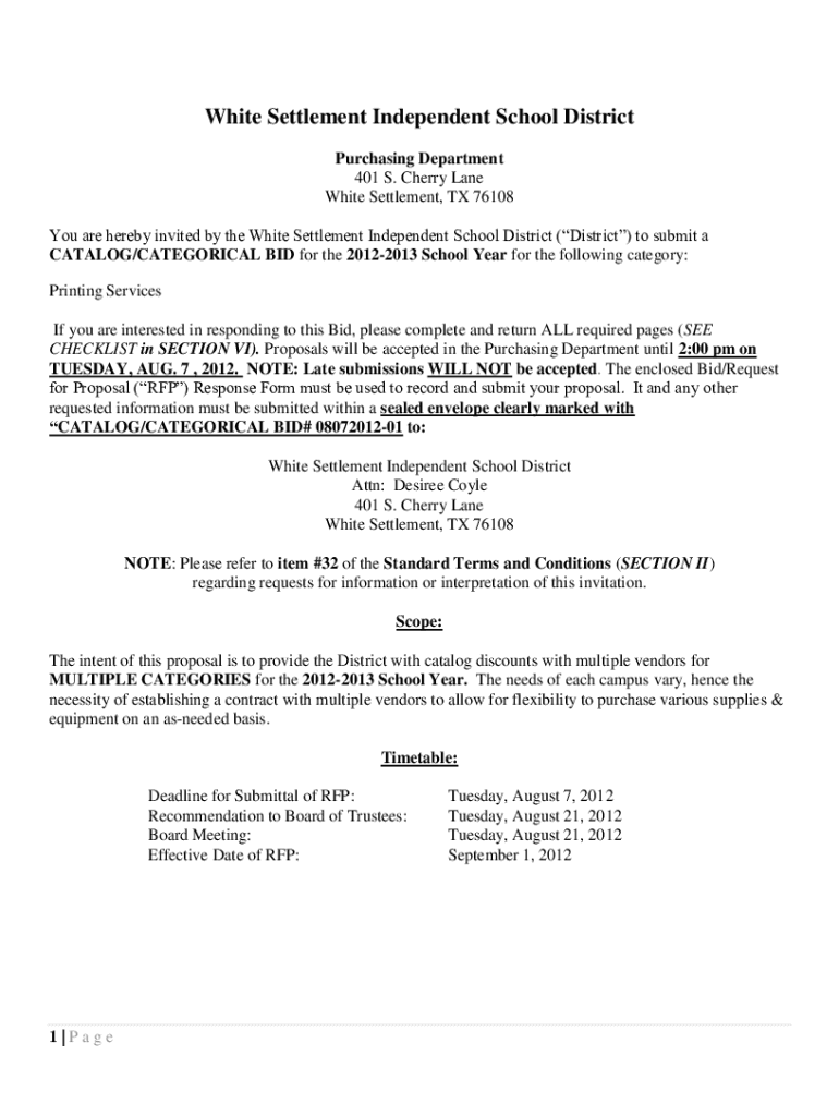 Fillable Online Purchasing District Departments White Settlement