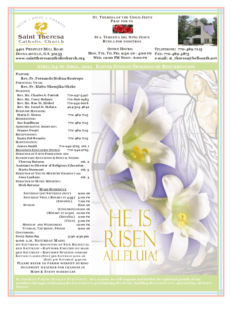 Fillable Online 042411 Bulletin Saint Theresa of the Child Jesus