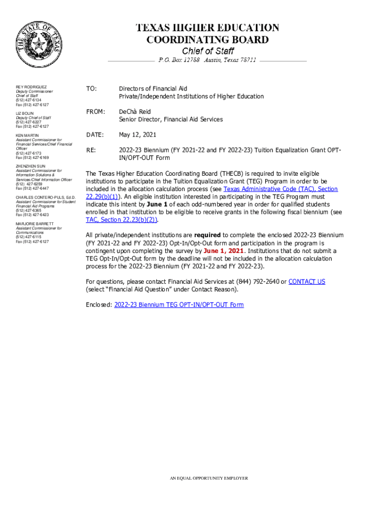 Fillable Online Tuition Equalization Grant (TEG) Biennium OptInOptOut