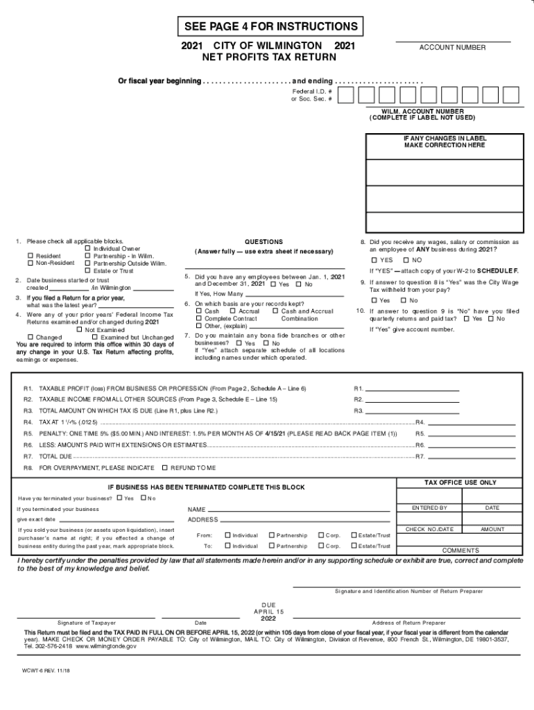 20212023 Form DE WCWT6 WilmingtonFill Online, Printable, Fillable