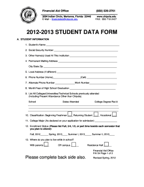 2012-2013 STUDENT DATA FORM - Chipola College - Chipola - Fill and Sign