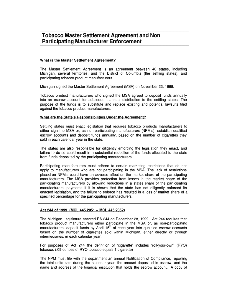 Fillable Online Tobacco Master Settlement Agreement and Non Fax Email