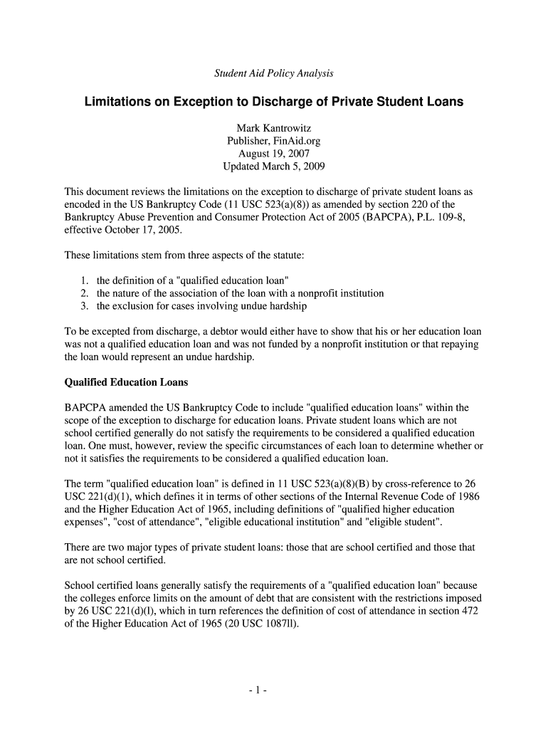 Limitations on Exception to Discharge of Private Student Loans Fill