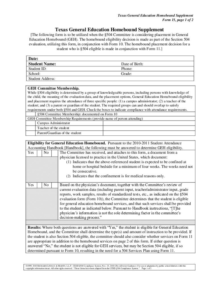 Fillable Online misd texas general education homebound supplement form