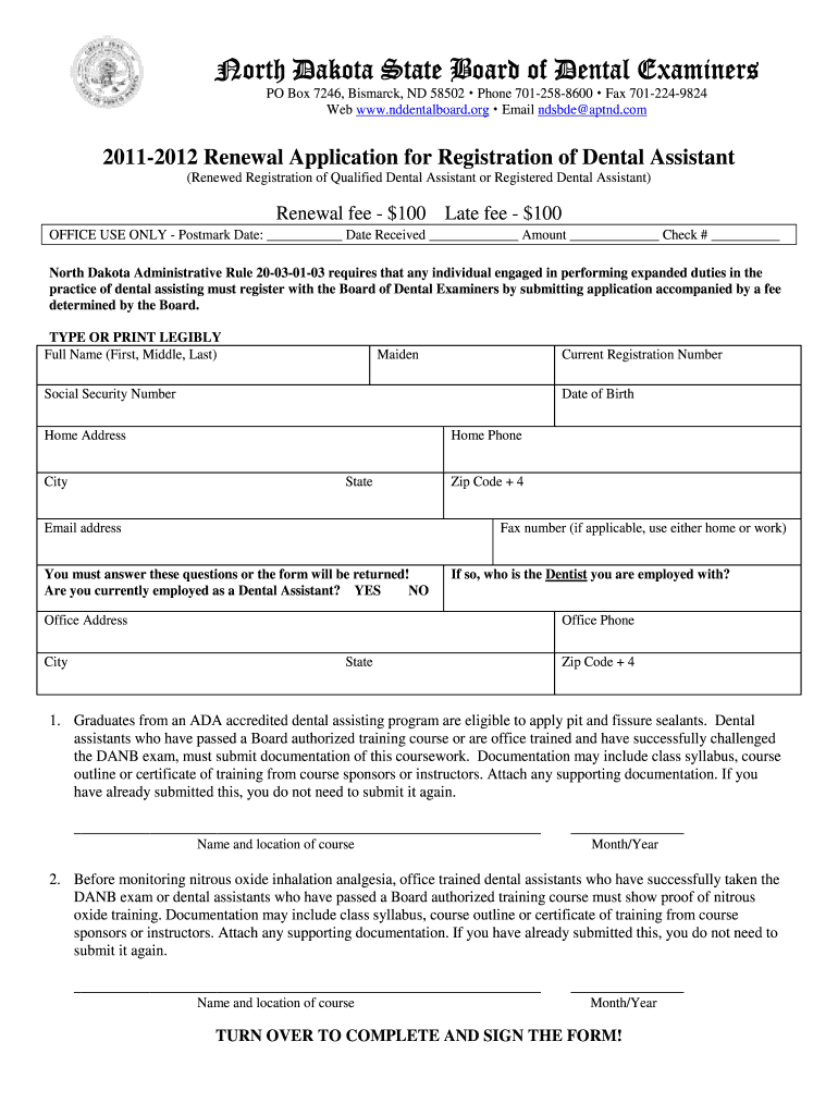 Fillable Online nddentalboard 20112012 Renewal Application for