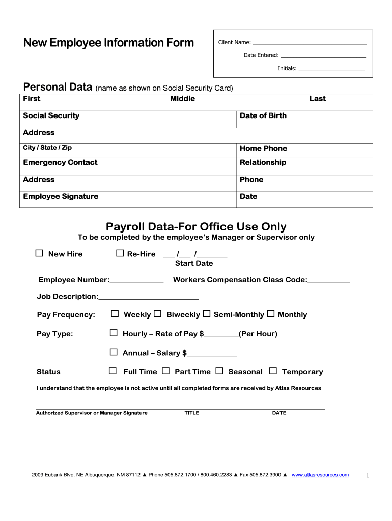 Fillable Online New Employee Information Form Atlas Resources Fax