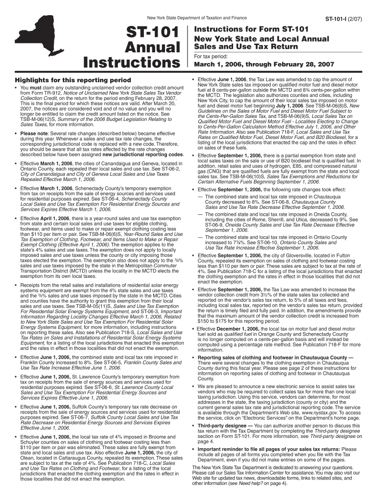 New York State Department of Taxation and Finance ST101 Annual Instructions Highlights for this