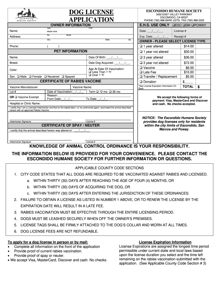 Humane Dog License Application Fill Online, Printable, Fillable