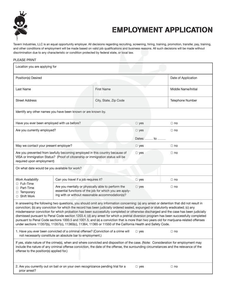 EMPLOYMENT APPLICATION Tavern+Bowl Fill out & sign online DocHub