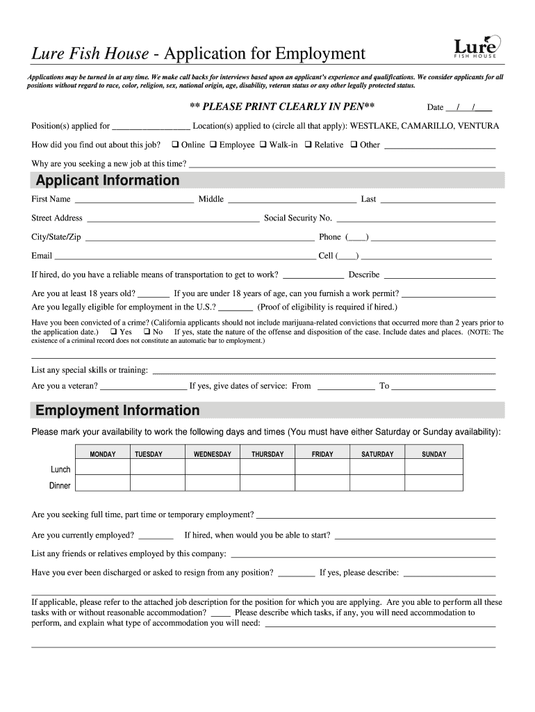 Lure Fish House Application for Employment Fill and Sign Printable