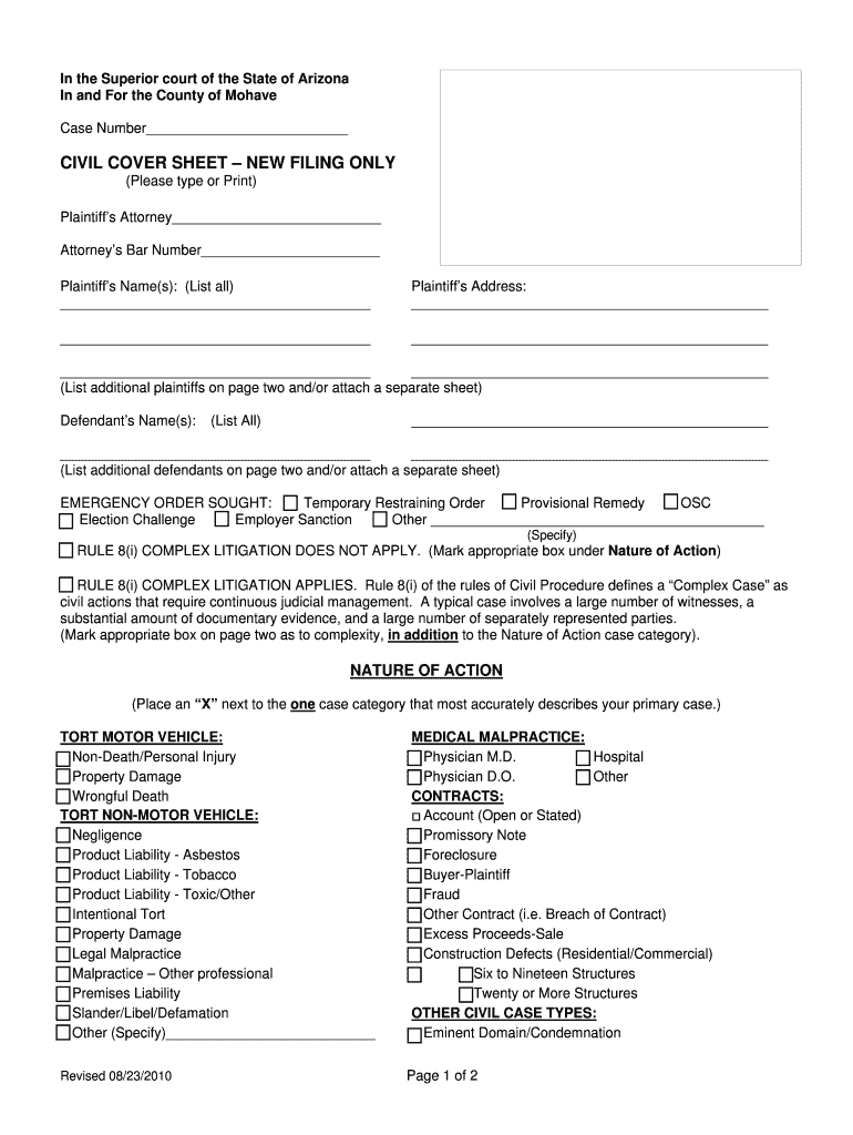 Fillable Online CIVIL COVER SHEET NEW FILING ONLY Mohave County Fax Email Print pdfFiller