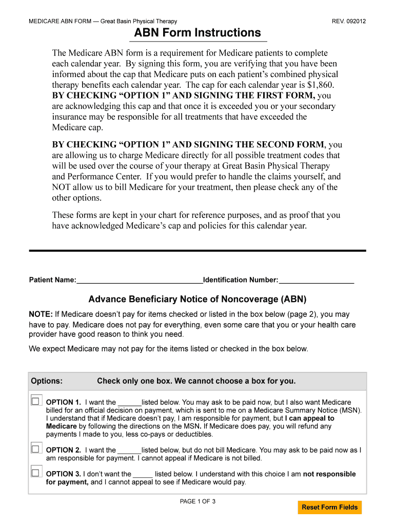Fillable Online Medicare ABN Forms Great Basin Physical Therapy Fax