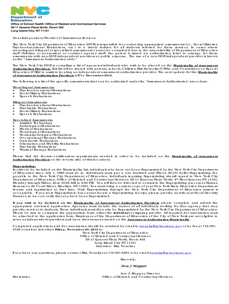 Fillable Online schools nyc Application for Assessment Authorization