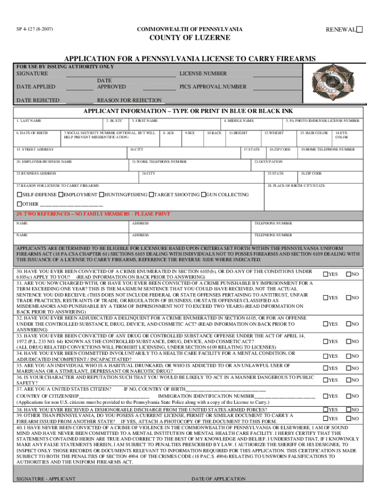 Luzerne county concealed carry permit application Fill out & sign