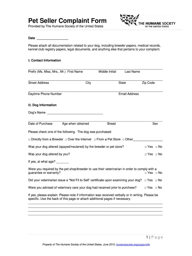 Pet Seller Complaint Form The Humane Society of the United States