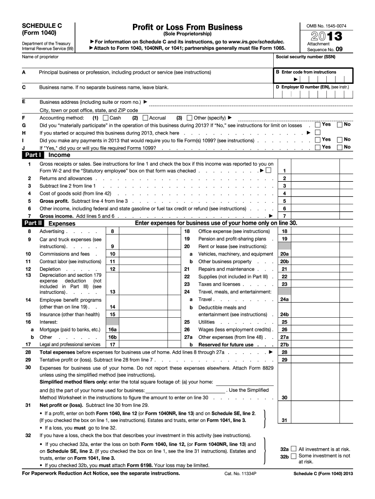 2013 Form IRS 1040 - Schedule C Fill Online, Printable, Fillable, Blank