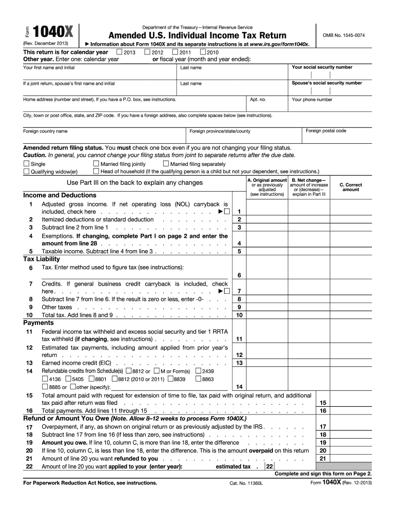 2013 Form IRS 1040-X Fill Online, Printable, Fillable, Blank - pdfFiller