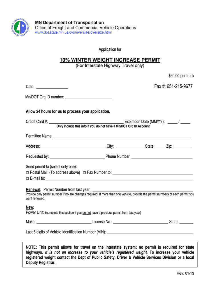 20132024 Form MN DoT 10 Winter Weight Increase Permit Fill Online