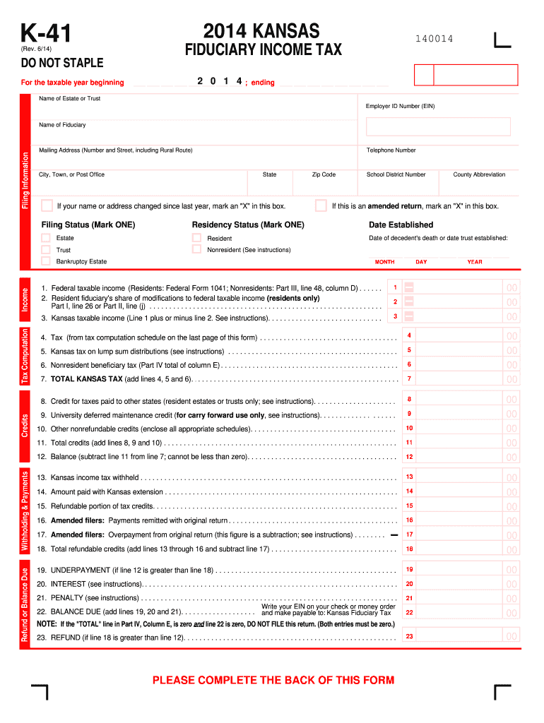 2014 Form KS DoR K41 Fill Online, Printable, Fillable, Blank pdfFiller