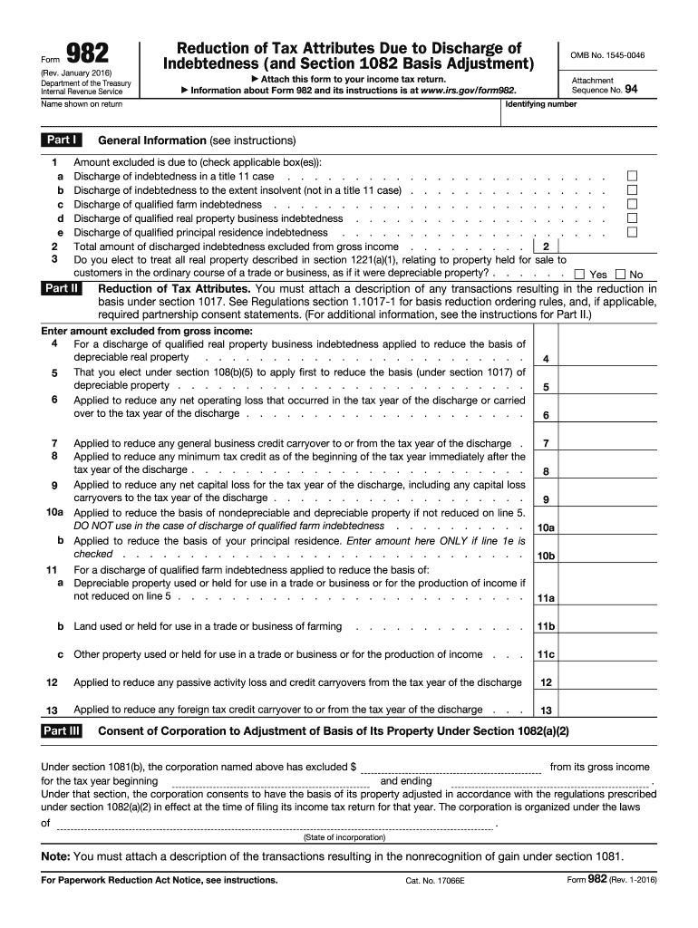 2016 Form IRS 982 Fill Online, Printable, Fillable, Blank