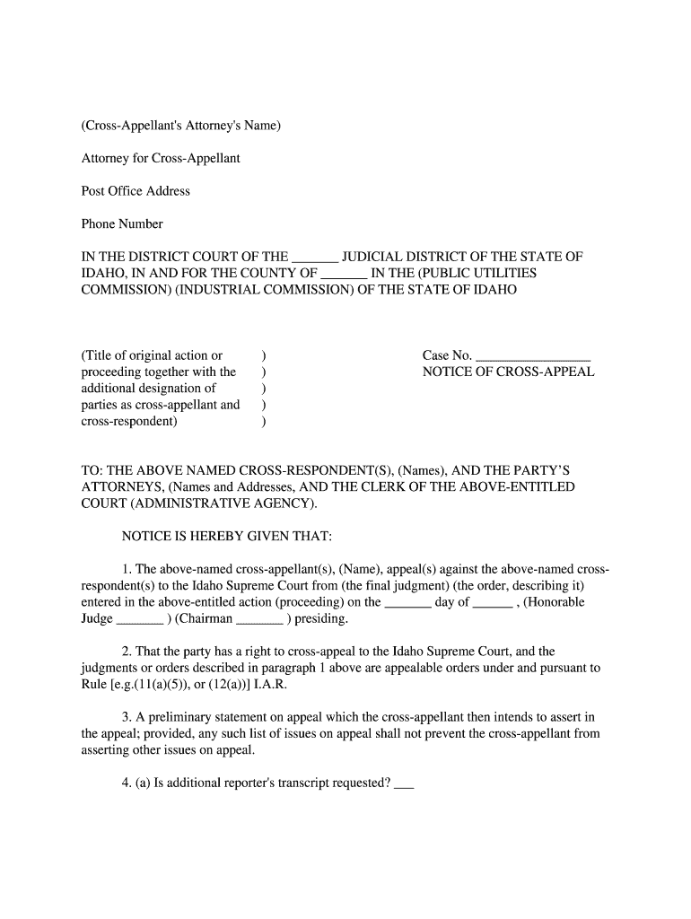 Idaho Notice Cross Appeal Pdf Fill Online, Printable, Fillable, Blank