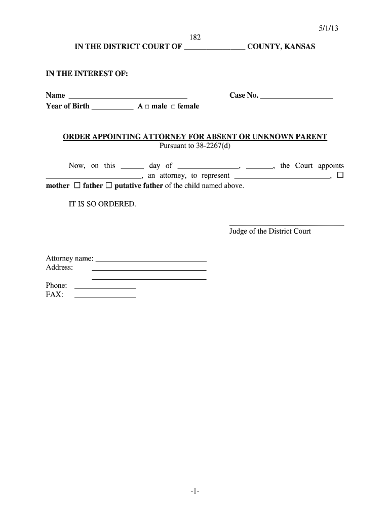 KS Order Appointing Attorney for Absent or Unknown Parent 2013