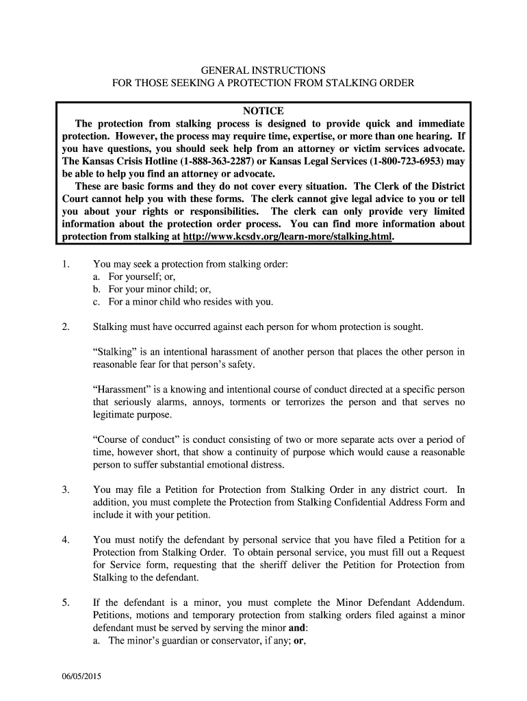 KS General Instructions Those Seeking a Protection from Stalking Order
