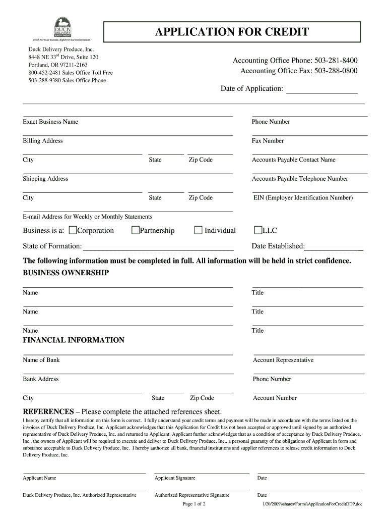 Fillable Online APPLICATION FOR CREDIT Duck Delivery Fax Email Print