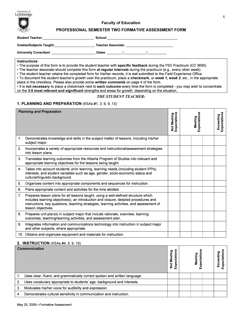 PS II Formative Assessment Form University Of Lethbridge Fill and