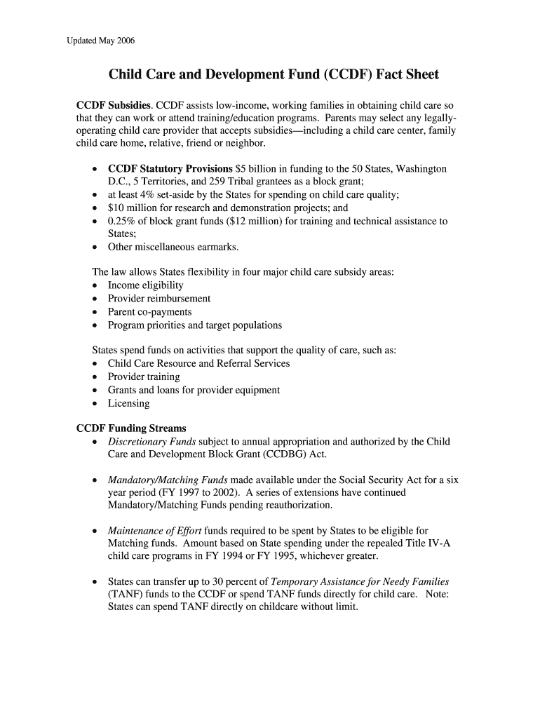 Fillable Online Child Care and Development Fund (CCDF) Fact Sheet Fax