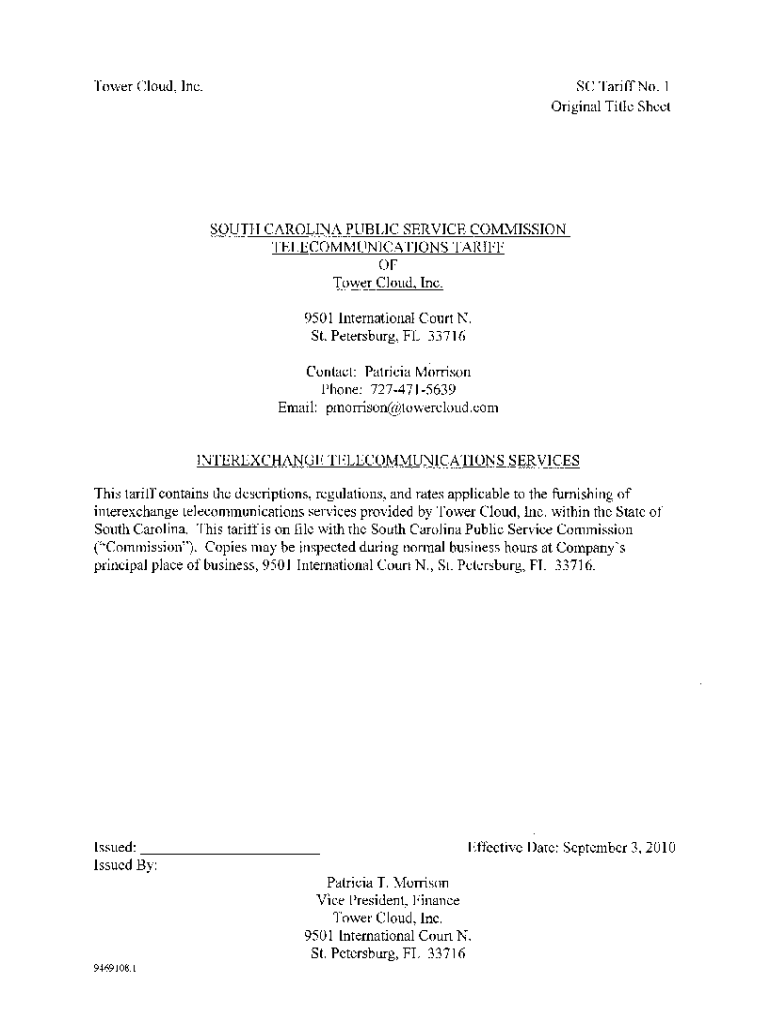 Fillable Online etariff psc sc Original Title Sheet SOUTH CAROLINA
