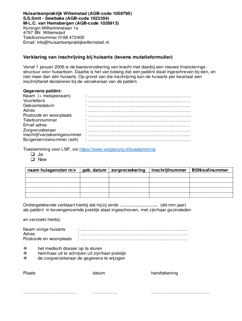 Fillable Online Verklaring van inschrijving bij huisarts (tevens