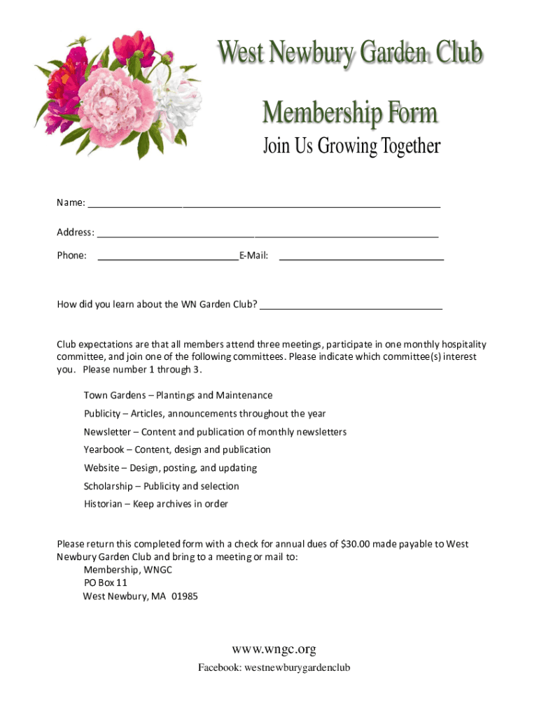 Fillable Online West Newbury Garden Club Membership Form Fax Email Print pdfFiller