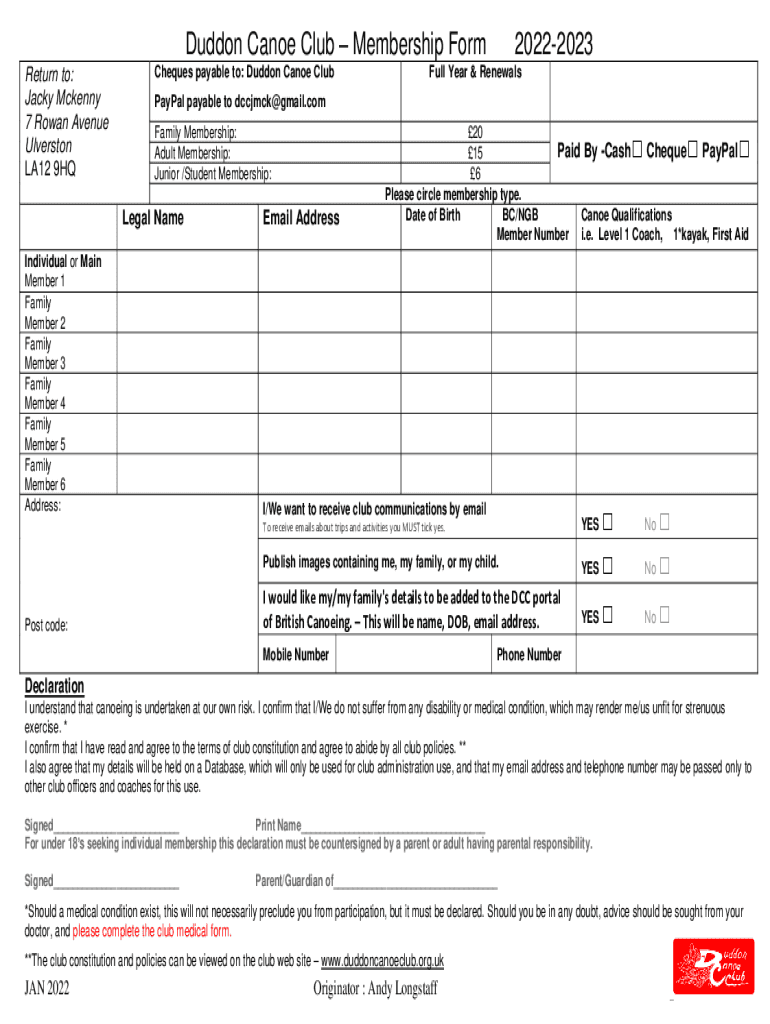 Fillable Online Fillable Online Duddon Canoe Club Membership Form Fax