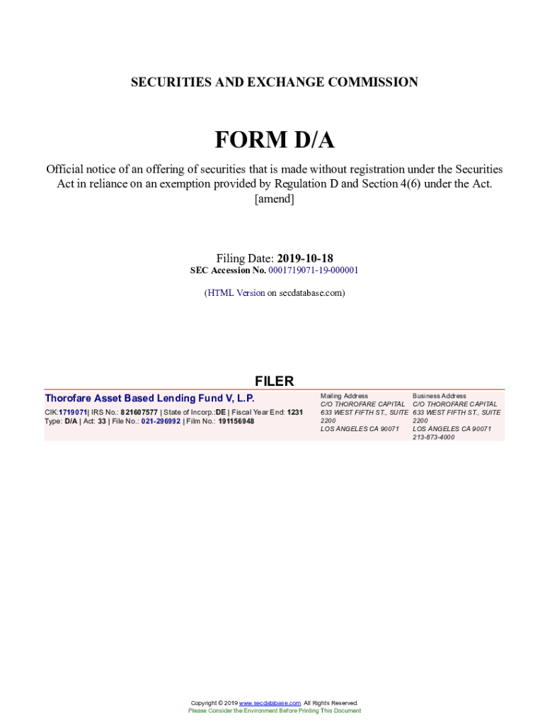 Fillable Online Thorofare Asset Based Lending Fund V, L.P. Form D/A