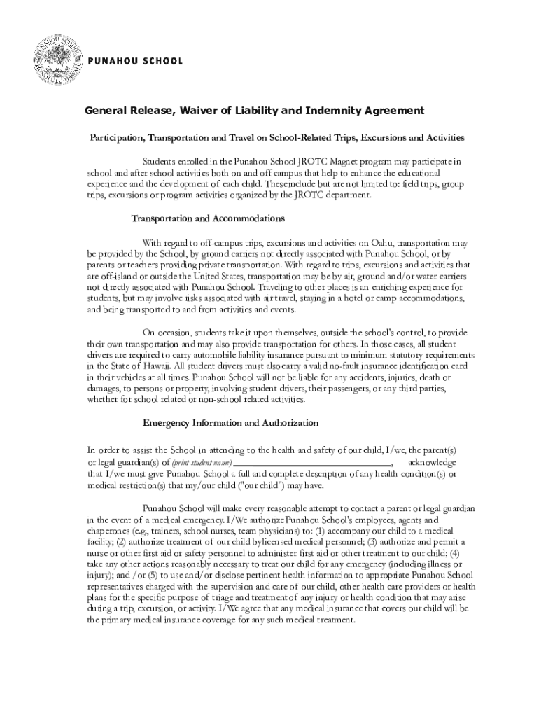 Fillable Online PUNAHOU SCHOOL GENERAL RELEASE FORM FOR CADETS
