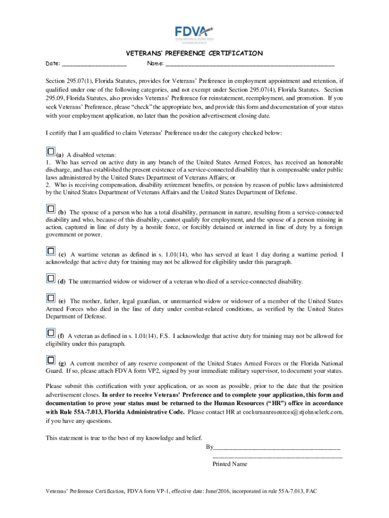 Fillable Online Veterans Preference Certification Florida Department