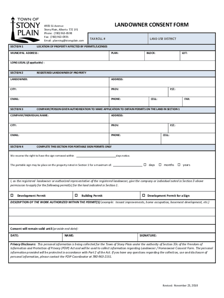 20182024 Canada Landowner Consent Form Town of Stony Plain Fill