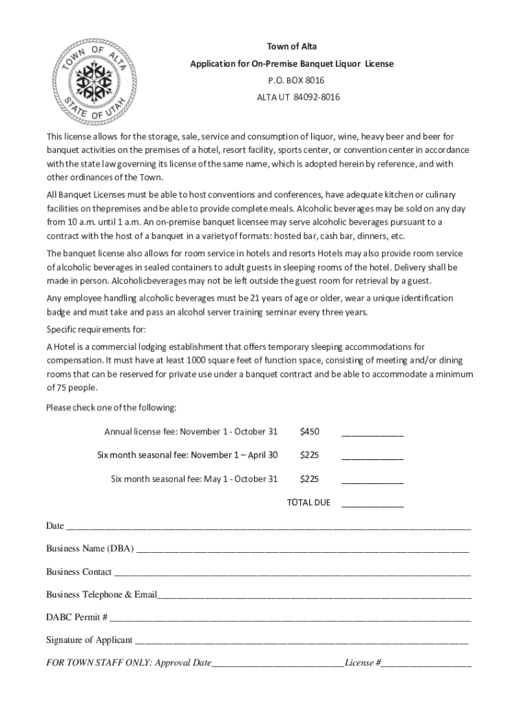 Fillable Online Town of Alta Application for OnPremise Banquet Liquor